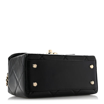 Shiny Calfskin Quilted Top Handle Box Bag Black
