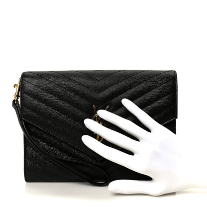 Grain De Poudre Matelasse Chevron Monogram Cassandre Flap Pouch Black