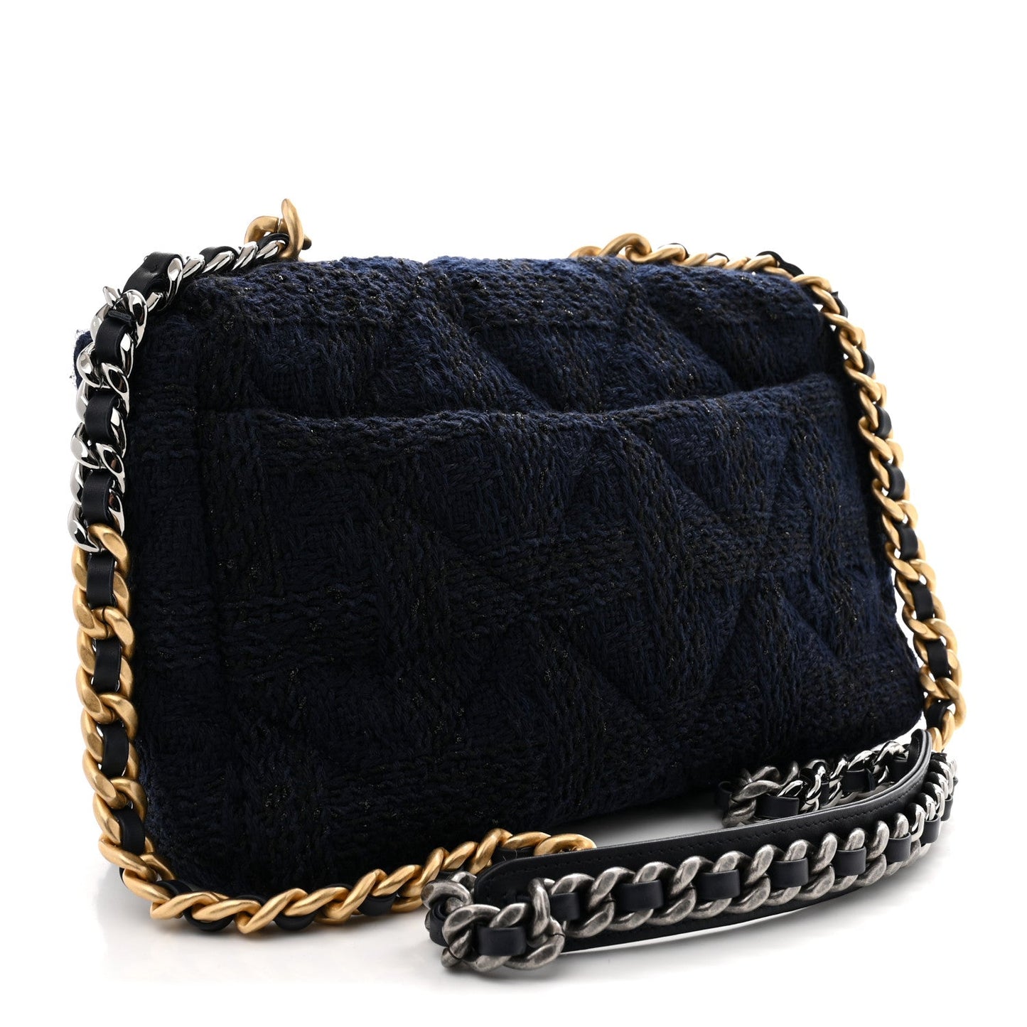Tweed Quilted Large Chanel 19 Flap Navy Blue