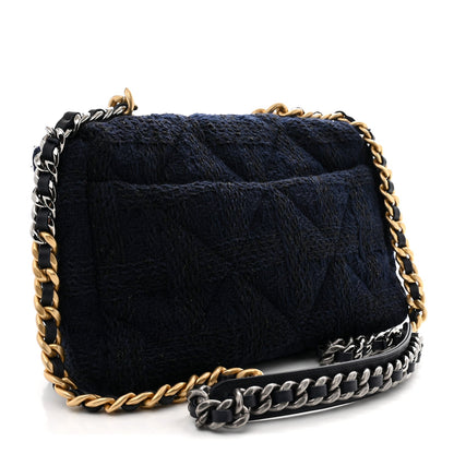 Tweed Quilted Large Chanel 19 Flap Navy Blue