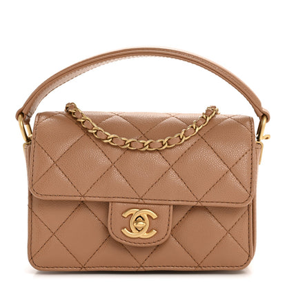 Shiny Caviar Quilted Mini Top Handle Flap Bag Camel