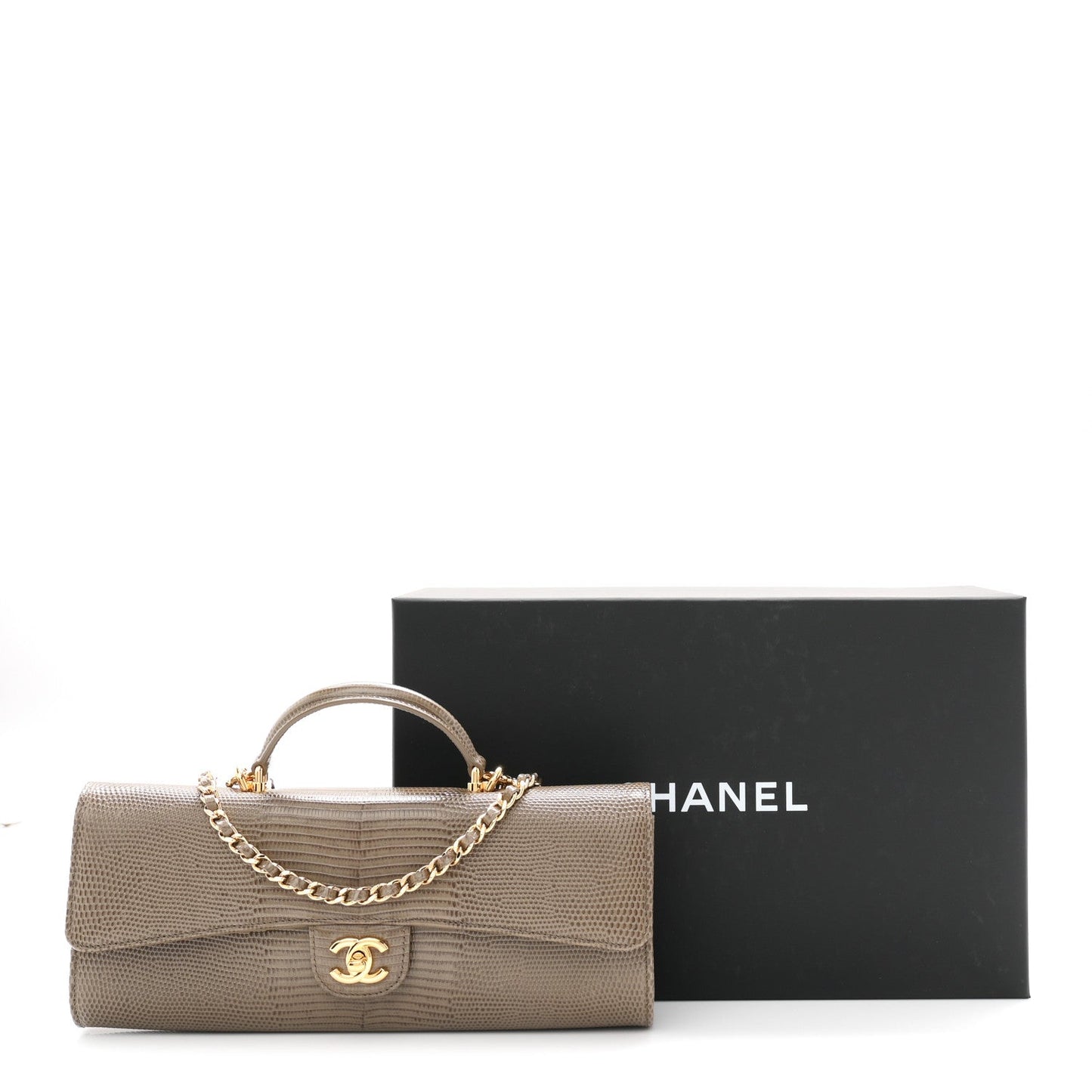 Calfskin Lizard Embossed Clutch With Chain Dark Khaki