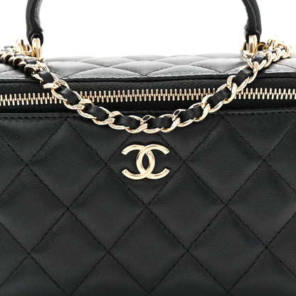 Lambskin Quilted Small Top Handle Vanity Case With Chain Black