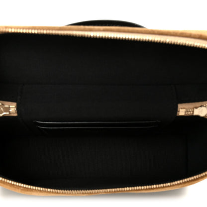 Suede Calfskin Shiny Lambskin Stitched Top Handle Slim Vanity With Chain Beige Black