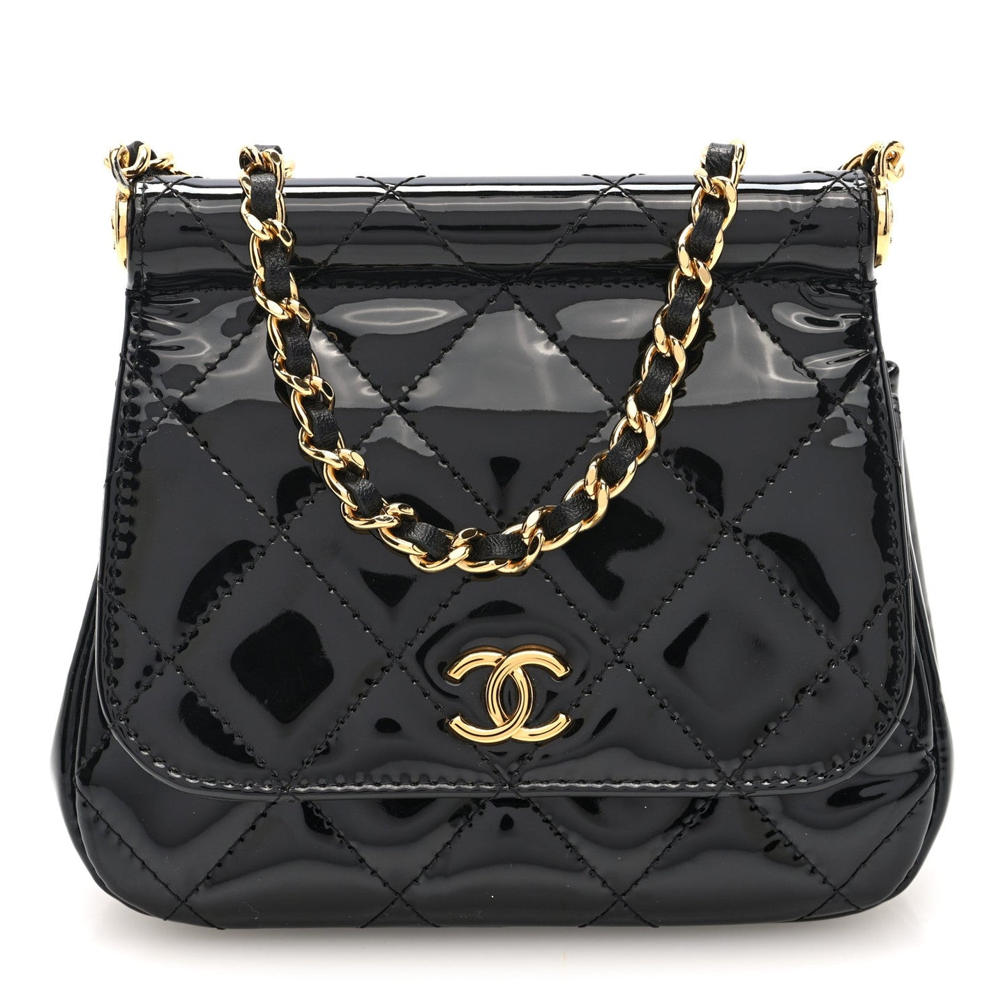 Patent Quilted Frame Clutch Flap With Chain Black