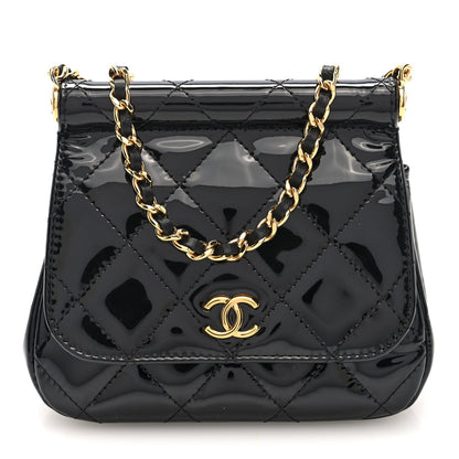 Patent Quilted Frame Clutch Flap With Chain Black