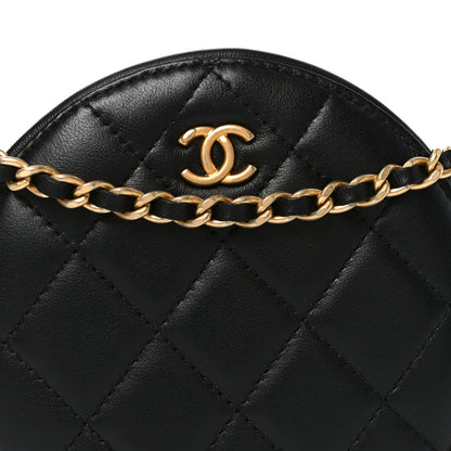 Lambskin Quilted Round Pearl Crush Clutch With Chain Black