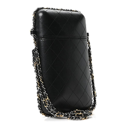 Lambskin Quilted Chain Around Phone Holder Black