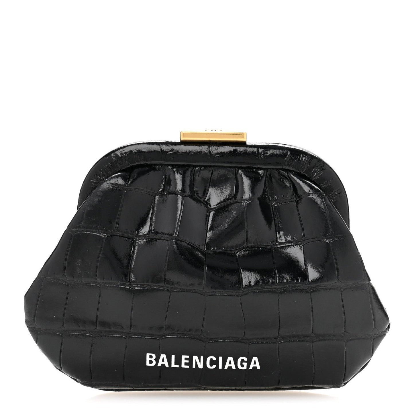 Shiny Supple Calfskin Logo Crocodile Embossed Cloud Coin Purse Black White