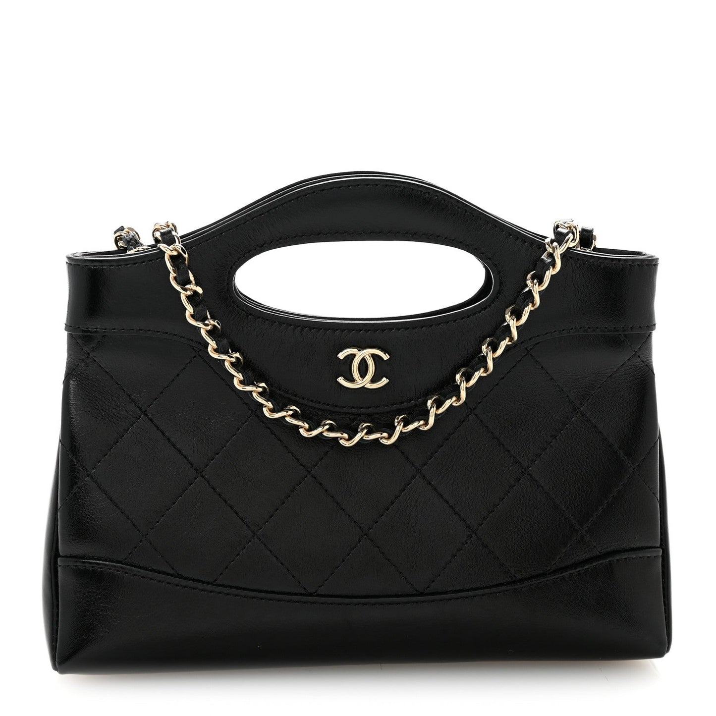 Shiny Crumpled Calfskin Quilted Nano 31 Shopping Bag Black