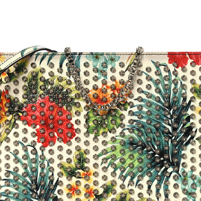Calfskin Studded Floral Mosaic Loubiclutch Crossbody Clutch White Multicolor