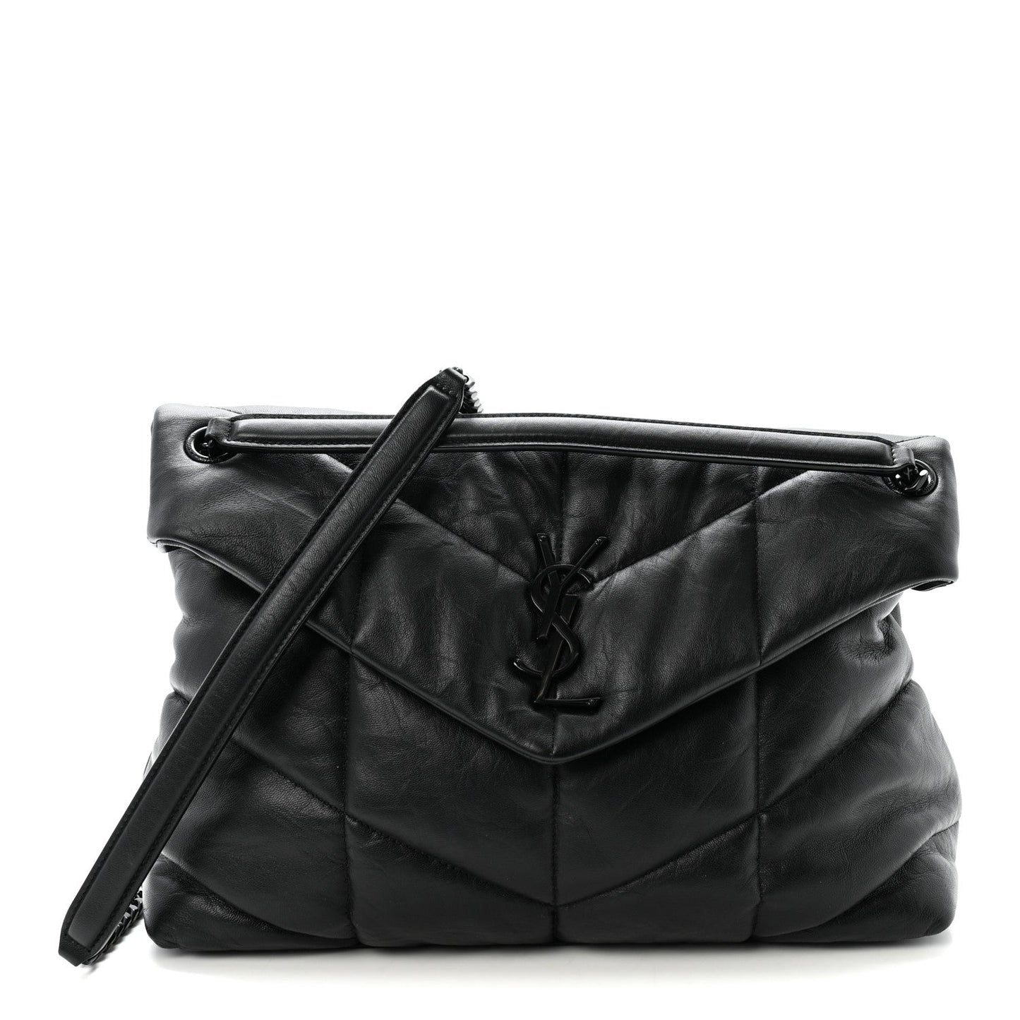 Lambskin Quilted Monogram Monochrome Medium Loulou Puffer Chain Satchel Black
