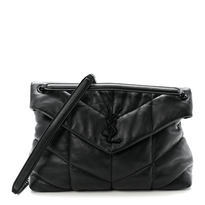 Lambskin Quilted Monogram Monochrome Medium Loulou Puffer Chain Satchel Black