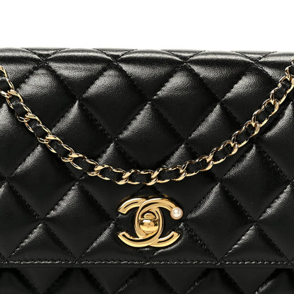Shiny Lambskin Quilted CC Pearl Wallet on Chain WOC Black