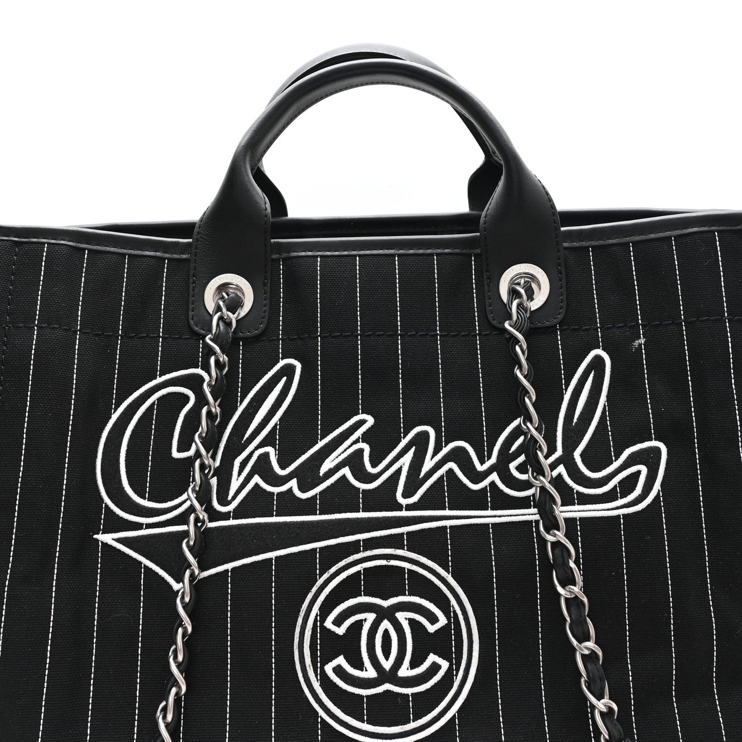 Canvas Calfskin Striped Medium Deauville Tote Black White