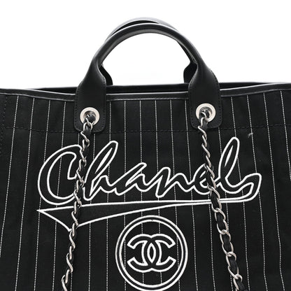 Canvas Calfskin Striped Medium Deauville Tote Black White