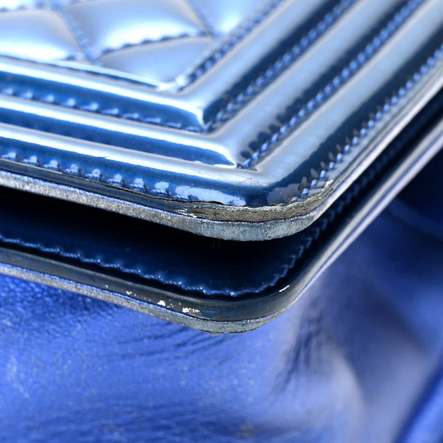 Metallic Patent Quilted Medium Boy Flap Blue