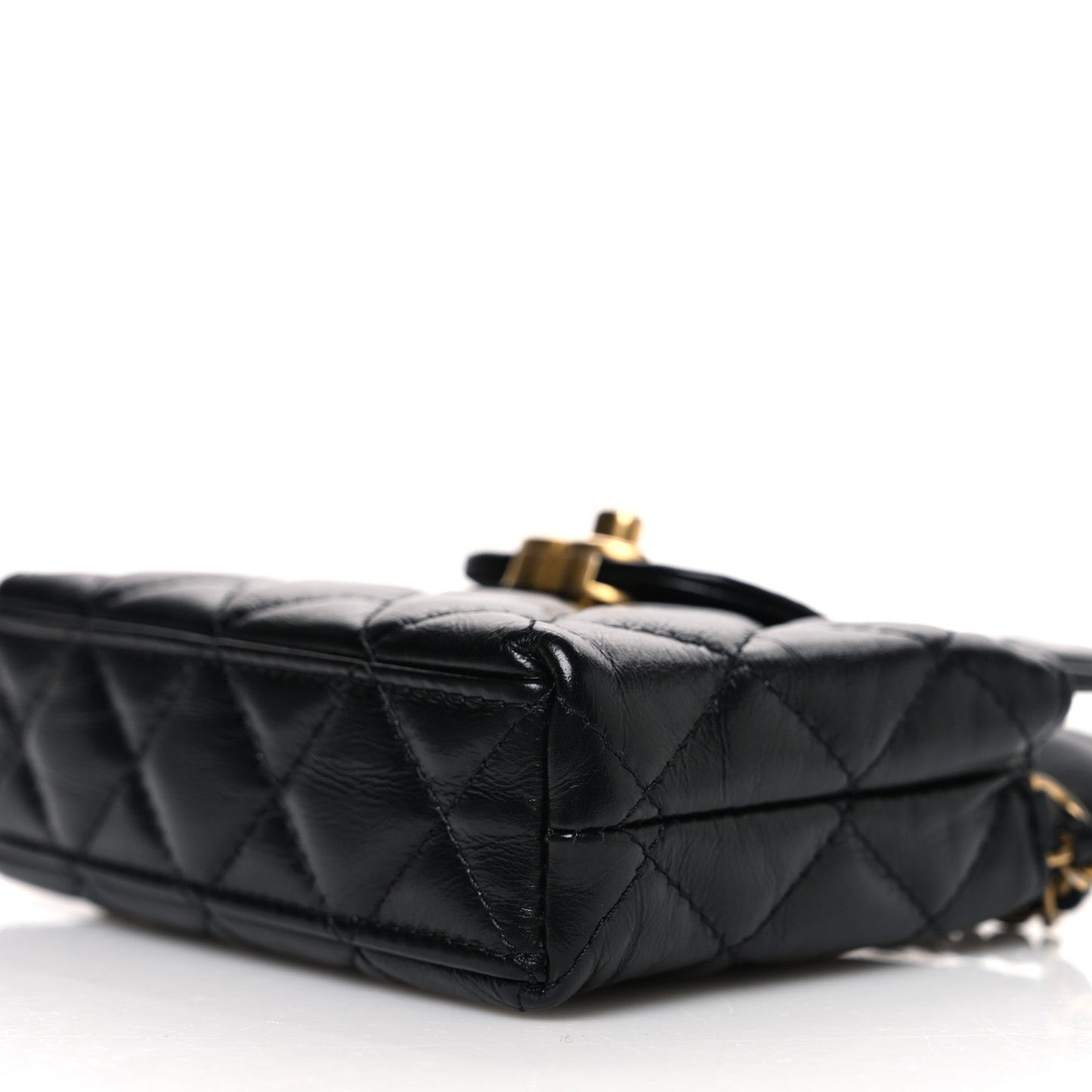 Shiny Aged Calfskin Quilted Mini Nano Kelly Shopper Black