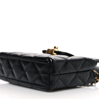 Shiny Aged Calfskin Quilted Mini Nano Kelly Shopper Black