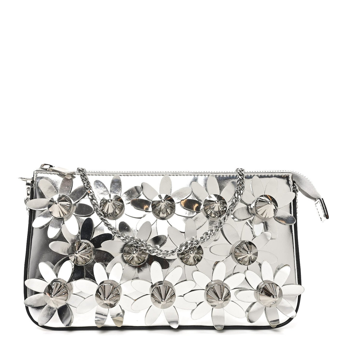 Metallic Patent Calfskin Flower Loubila Chain Clutch Silver