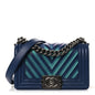 Calfskin Painted Chevron Embossed Small Boy Flap Dark Blue