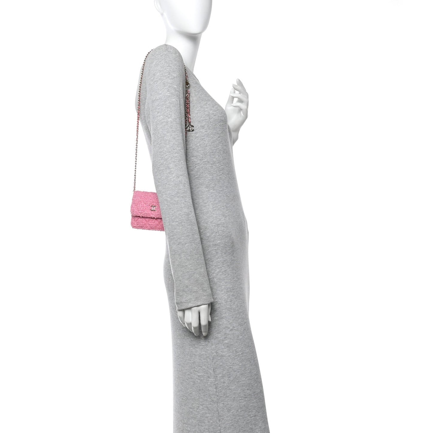 Tweed Quilted Flap Chain Waist Bag Pink