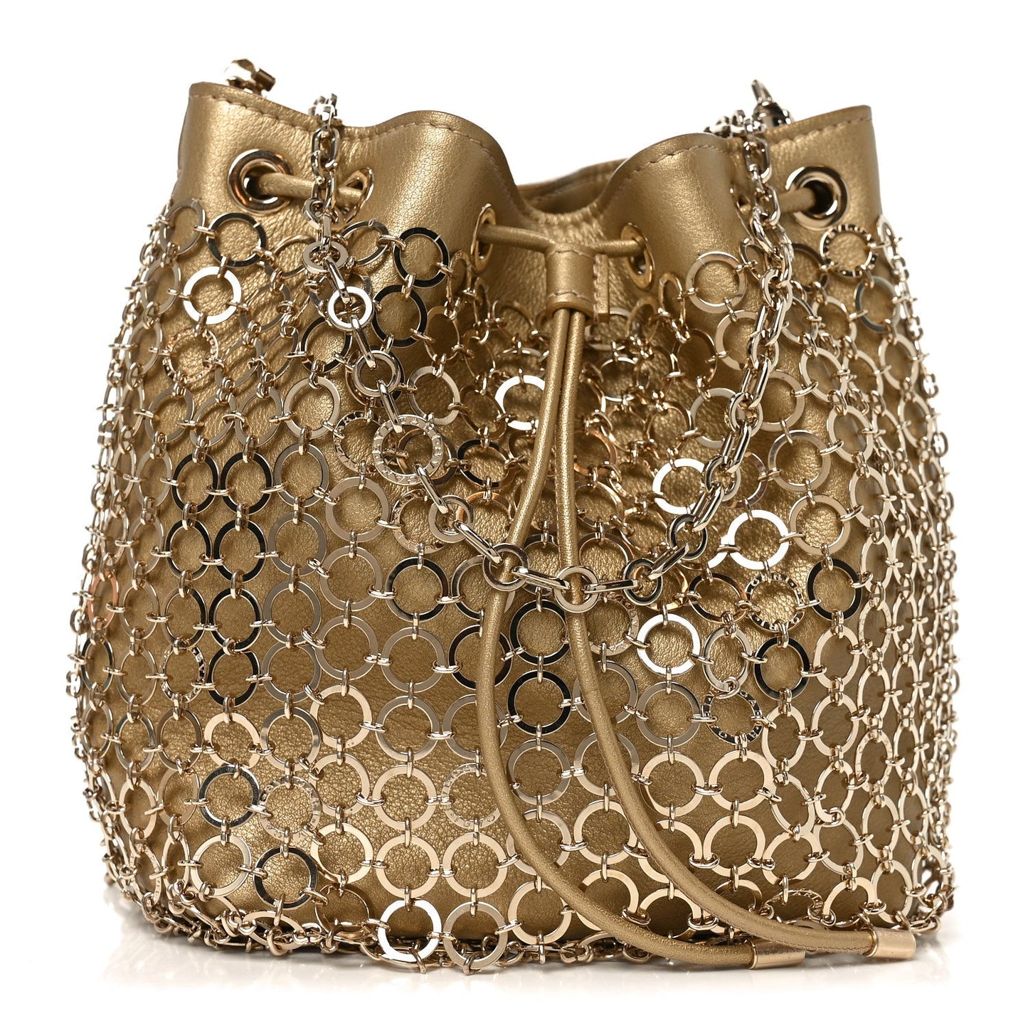 Metallic Calfskin Mesh Long Chain Bucket Bag Gold