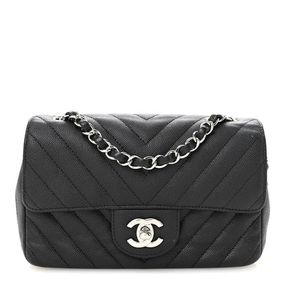 Caviar Chevron Quilted Mini Rectangular Flap Black