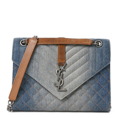 Denim Mixed Matelasse Triquilt Medium Monogram Envelope Satchel Blue