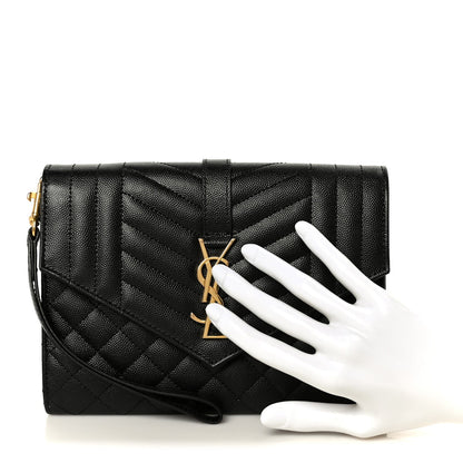 Grain De Poudre Textured Mixed Matelasse Triquilt Monogram Clutch Black