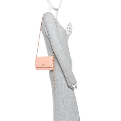 Lambskin Quilted CC Pearl Crush Wallet on Chain WOC Light Orange