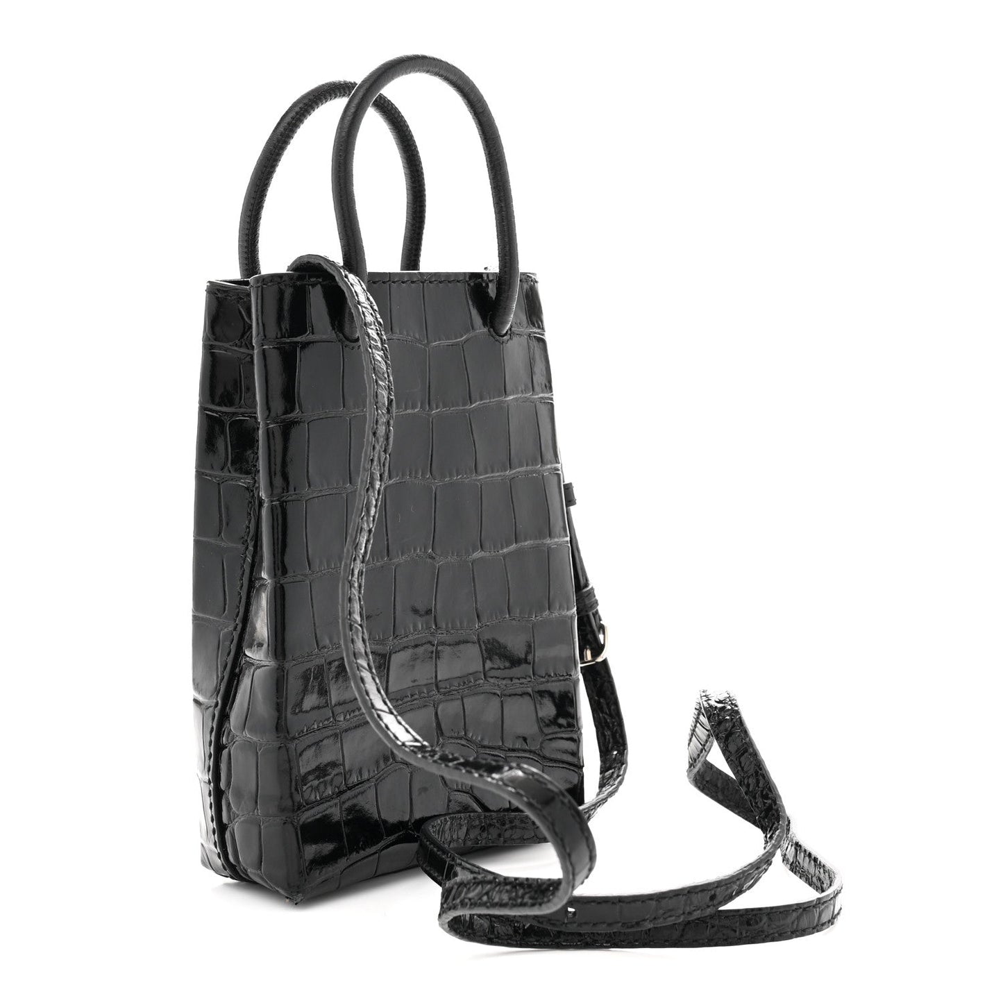 Calfskin Crocodile Embossed Logo Shopping Phone Holder Bag Black