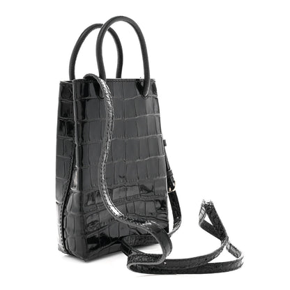 Calfskin Crocodile Embossed Logo Shopping Phone Holder Bag Black