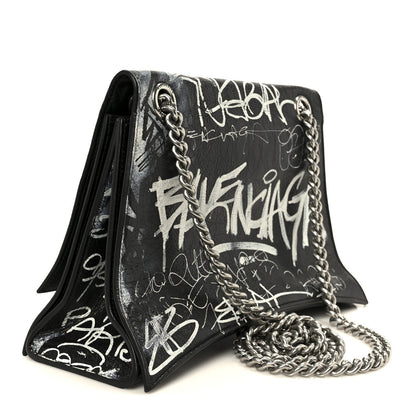 Agneau Arena Graffiti Medium Crush Chain Bag Black White