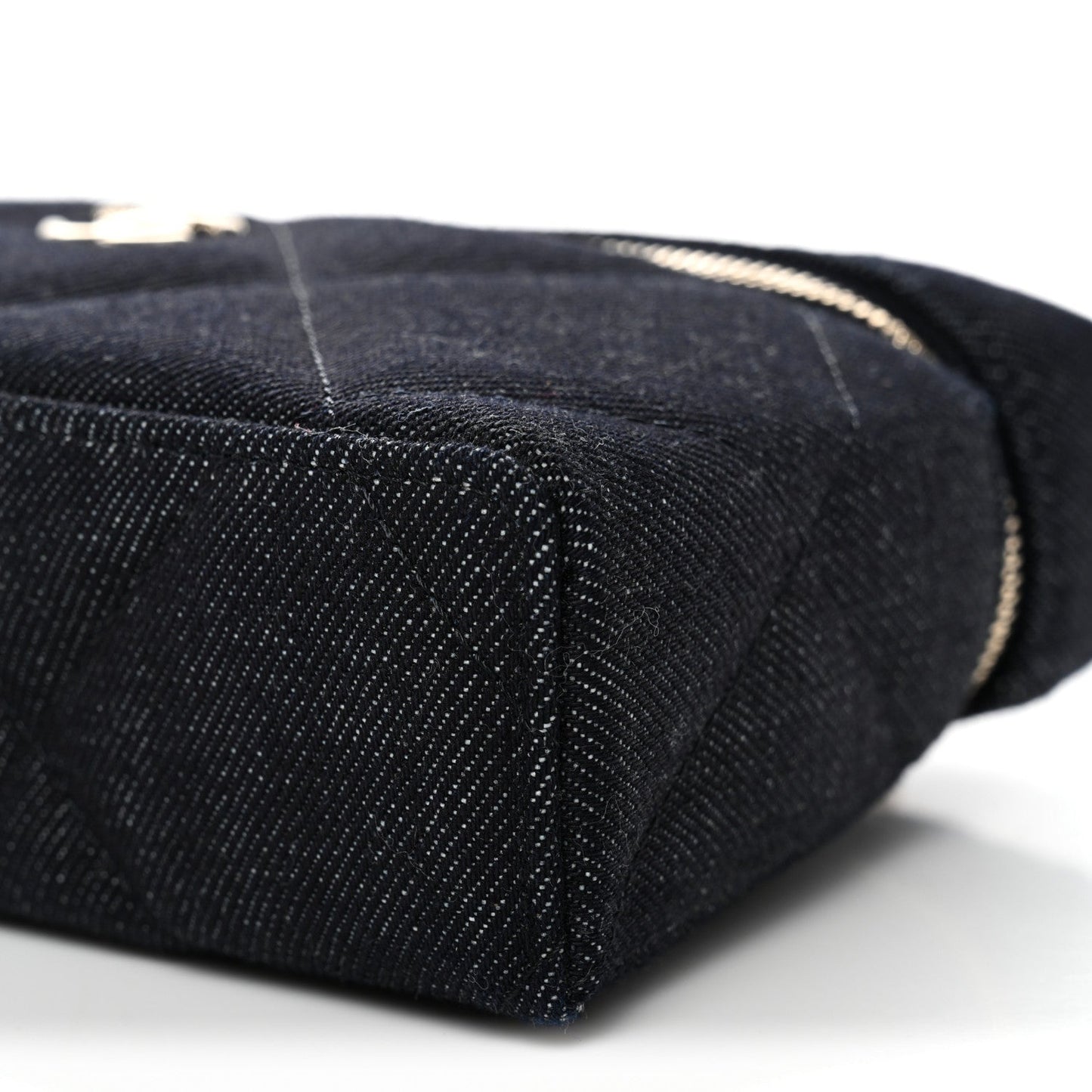 Denim Quilted Top Handle Slim Vanity Case With Chain Dark Blue
