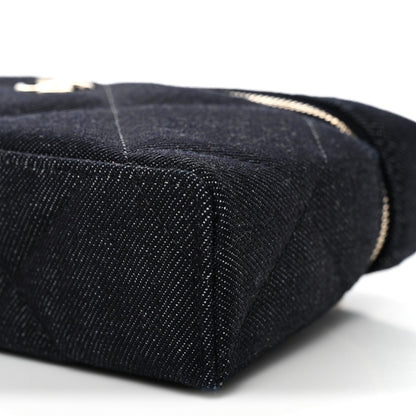 Denim Quilted Top Handle Slim Vanity Case With Chain Dark Blue