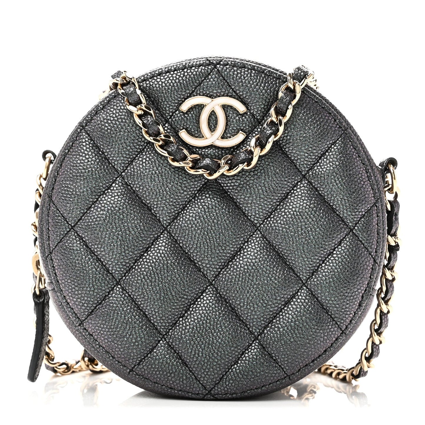 Iridescent Caviar Quilted Round Clutch With Chain Black
