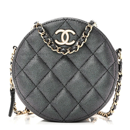 Iridescent Caviar Quilted Round Clutch With Chain Black