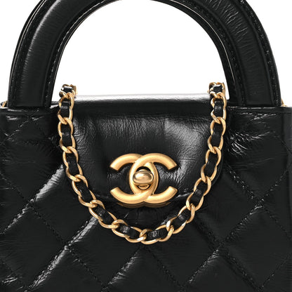 Shiny Aged Calfskin Quilted Mini Nano Kelly Shopper Black