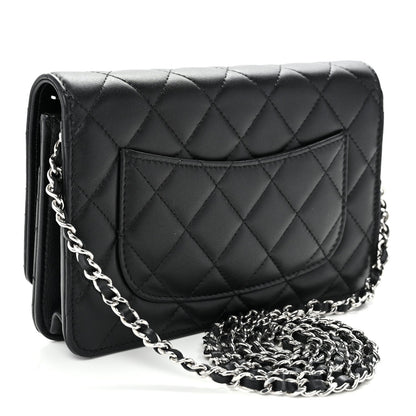 Lambskin Quilted Enamel CC Wallet on Chain WOC Black