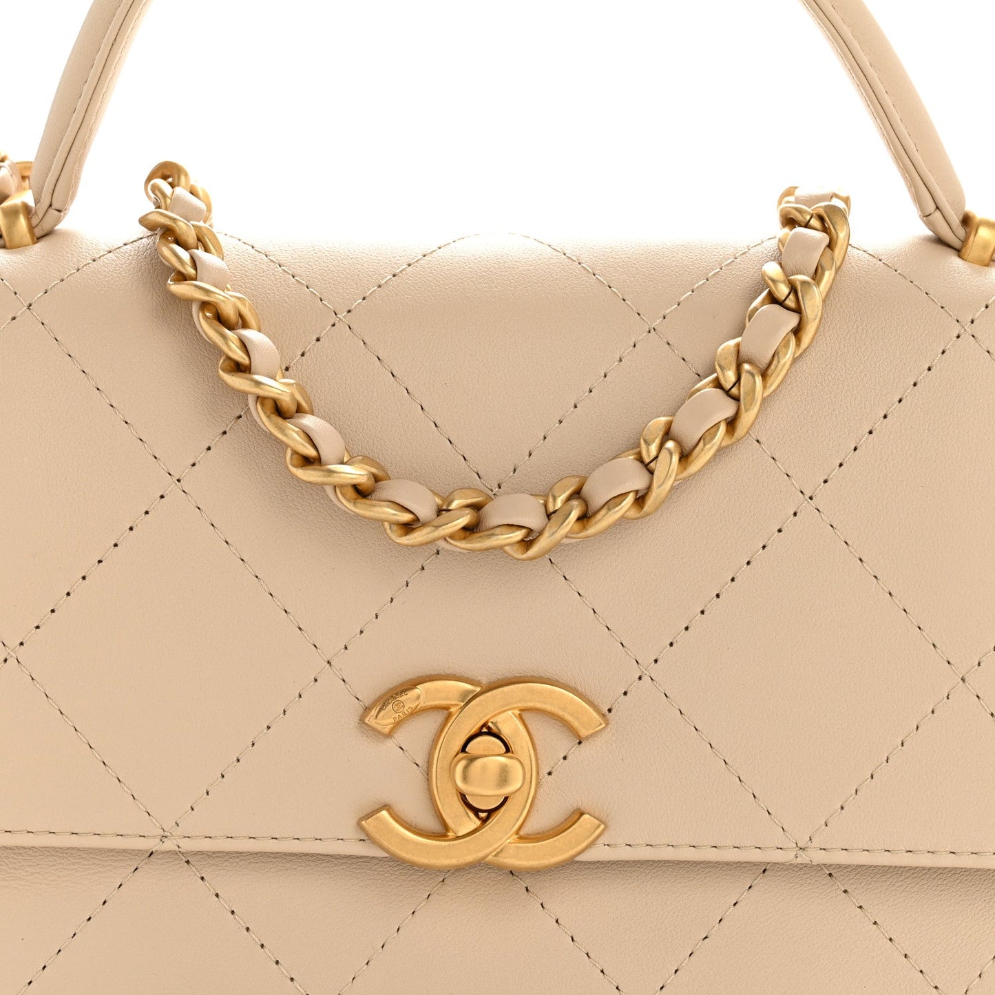 Calfskin Stitched Flap Top Handle Beige