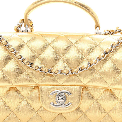 Metallic Caviar Quilted Top Handle East West Flap Gold