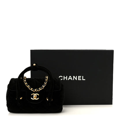 Velvet Quilted Mini Top Handle Flap Black