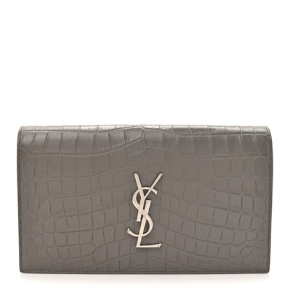 Croc Embossed Calfskin Classic Kate Monogram Clutch Fog