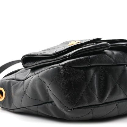 Shiny Calfskin Quilted Small Supple Twins Hobo Bag Black