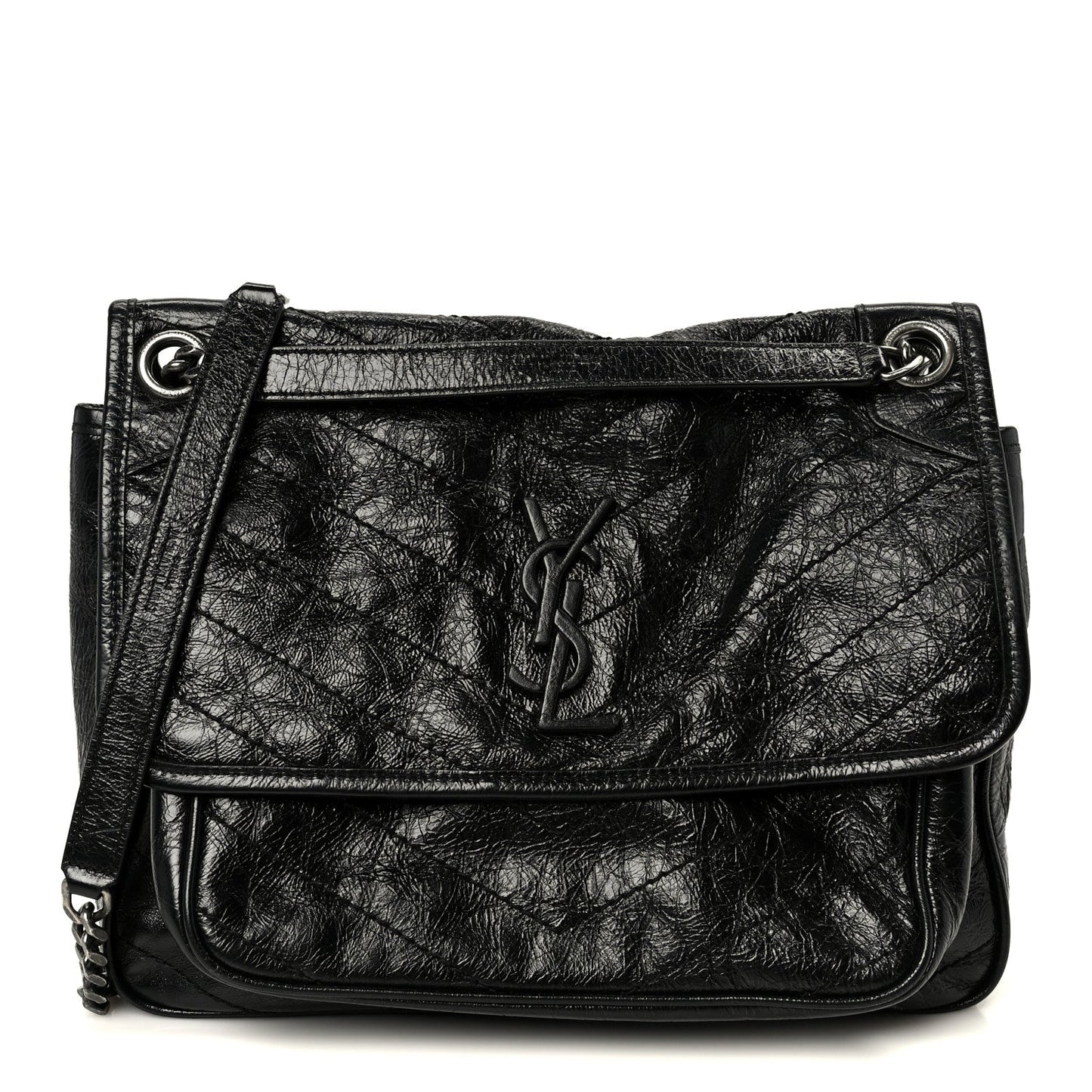 Crinkled Calfskin Matelasse Monogram Medium Niki Chain Satchel Black