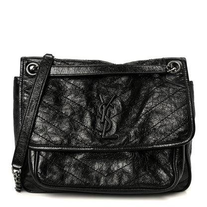 Crinkled Calfskin Matelasse Monogram Medium Niki Chain Satchel Black