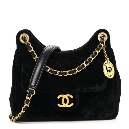 Velvet Quilted Small Wavy CC Hobo Black