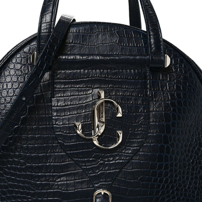 Calfskin Crocodile Embossed Small Varenne Bowling Bag Navy