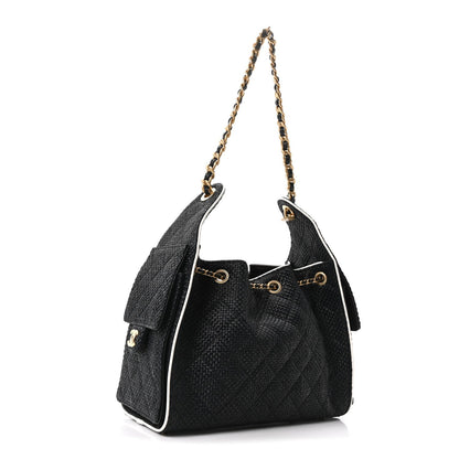 Braided Raffia Calfskin Quilted Small Chanel 25 Handbag Black White
